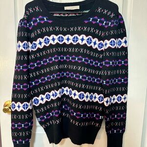 LOFT Women's Black Fair Isle Sweater with Purple and White Patterns Size Medium